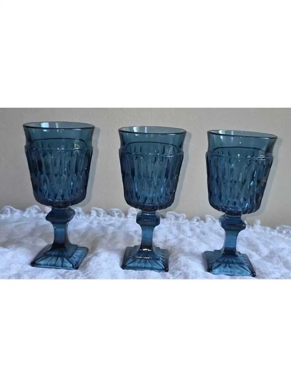 Vintage Blue Pressed Glass Goblets Set of 3 Square Foot Pedestal Wine Water